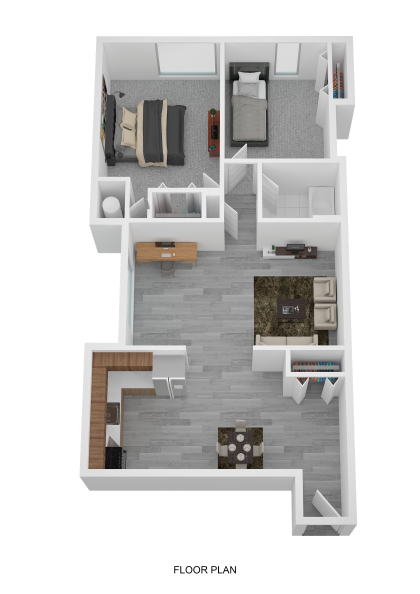 Floor plan for 2 beds, 1 bath, 896 sqft